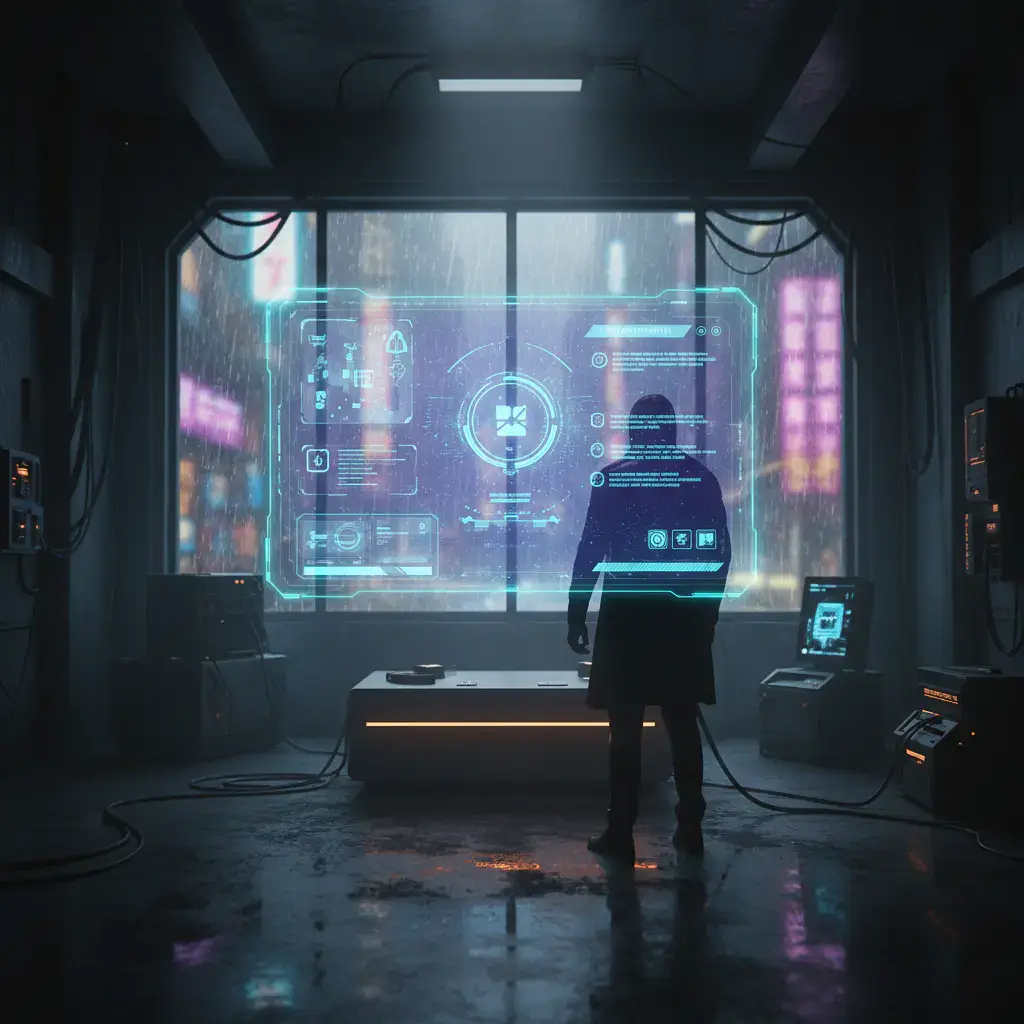 Holographic interface showing game updates